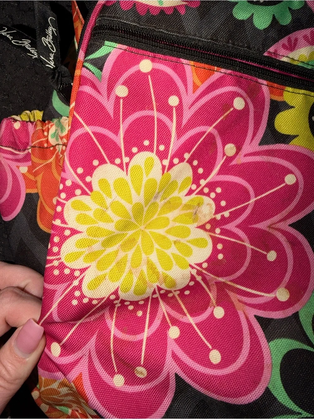 Vera Bradley Black Floral Backpack with Pink, Orange, Yellow and Green Flowers